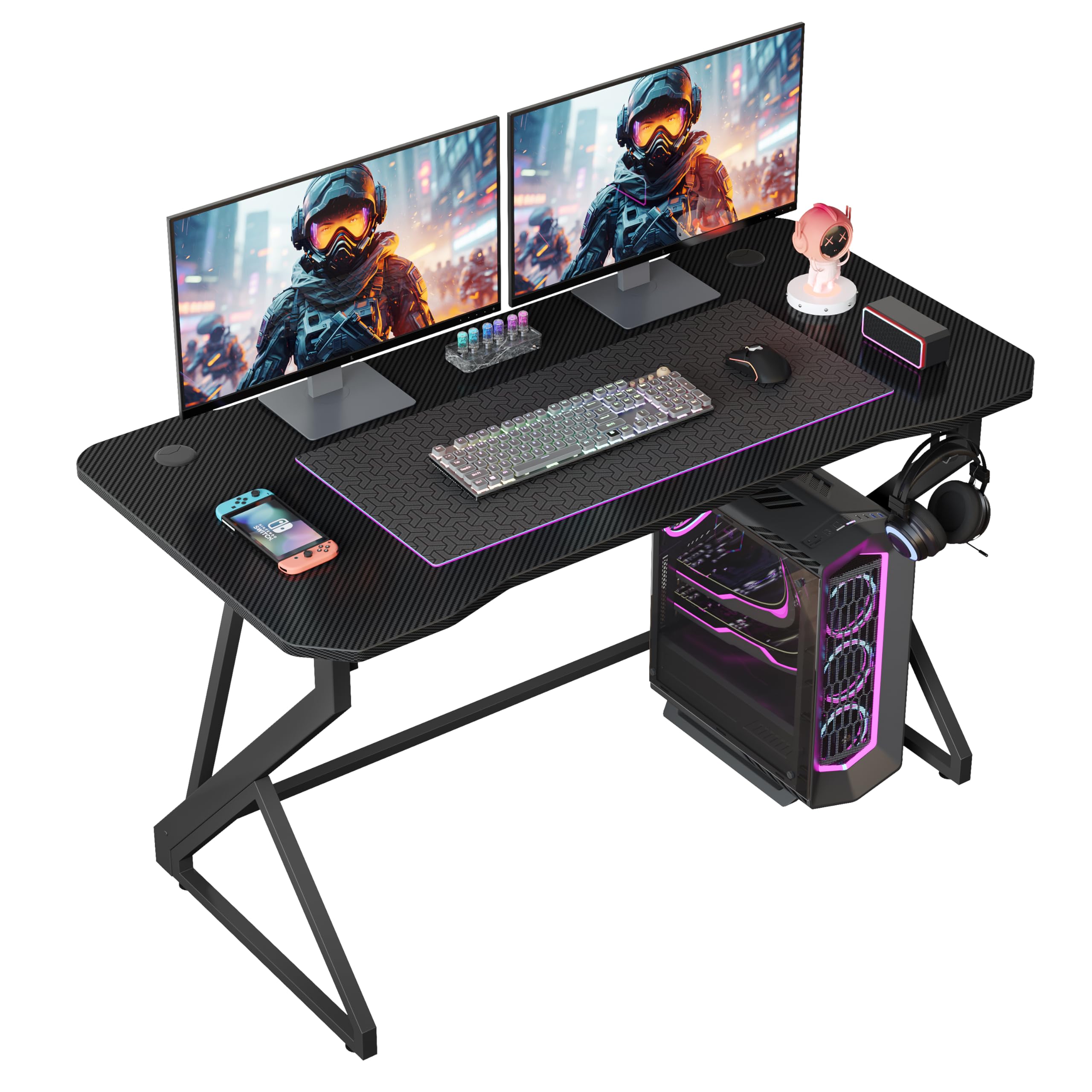 Grandder Z-Shaped Gaming Desk – 40" Carbon Fiber Gamer Workstation with Headphone Hook, Black