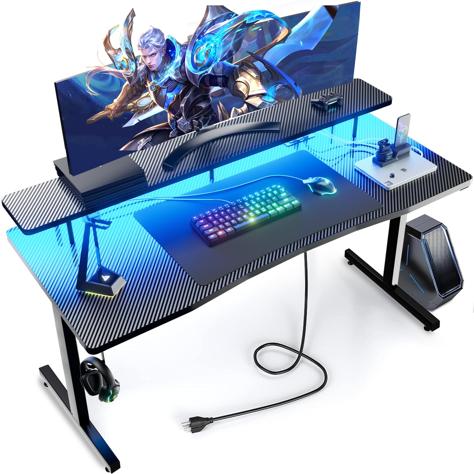 GTRACING 55" RGB Gaming Desk with Monitor Stand, Power Outlet & Carbon Fiber Surface