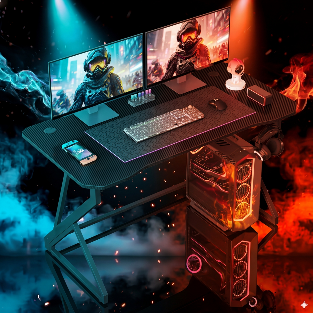 Grandder Z-Shaped Gaming Desk – 40" Carbon Fiber Gamer Workstation with Headphone Hook, Black