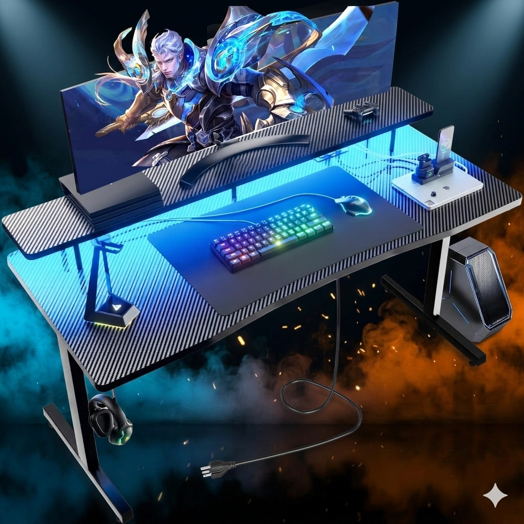 GTRACING 55" RGB Gaming Desk with Monitor Stand, Power Outlet & Carbon Fiber Surface