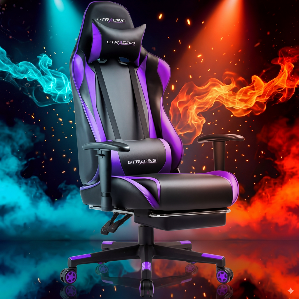 GTRACING Gaming Chair with Footrest – Ergonomic Comfort, Adjustable Recline, Swivel & Lumbar Support, Purple